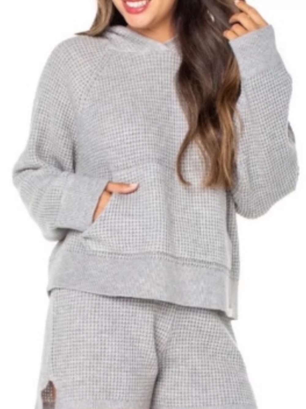Super Soft Cozy Gray Waffle Knit Thermal Hoodie Sweater with kangaroo pockets